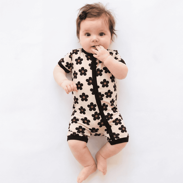 Black Daisy Bamboo Short Bamboo Zippy Baby Romper