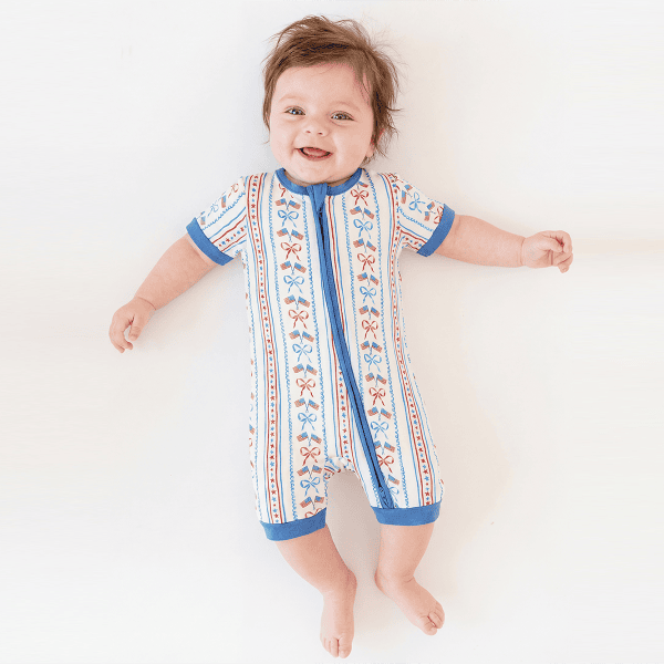 4th of July Bow Flag Blue Bamboo Short Bamboo Zippy Baby Romper