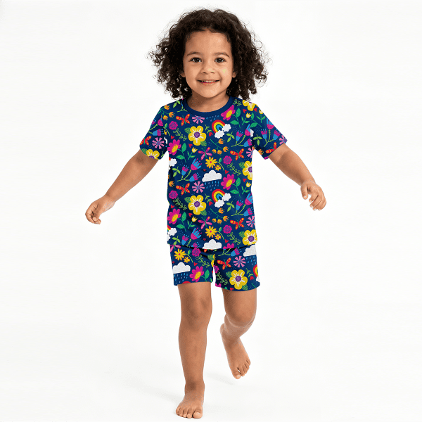 Sunny Rainbow Garden and Playful Petals Kids Bamboo Two-Piece Pajama Short Sleeve Set