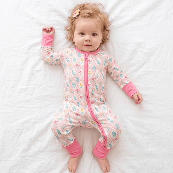 Diamond Lattice Flowers Bamboo Zipper Romper Pajamas