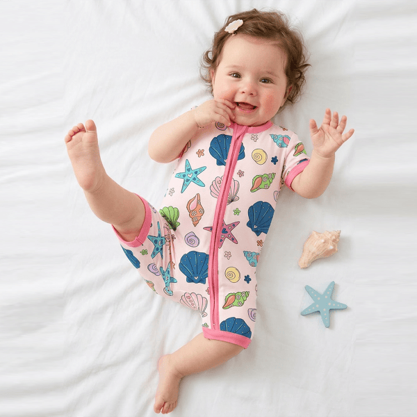 Colorful Ocean Shells and Stars Playtime Pink Short Bamboo Zippy Baby Romper