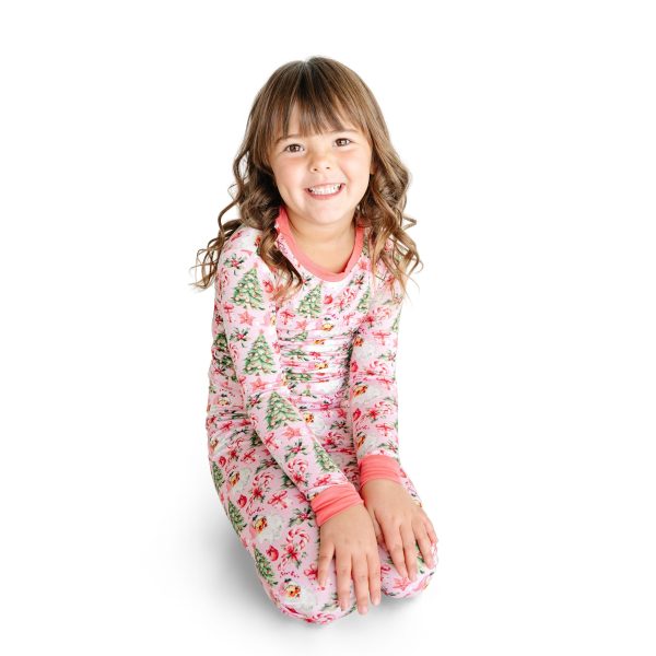 Santa Claus Christmas Tree Pink Kids Bamboo Two-Piece Pajama Set