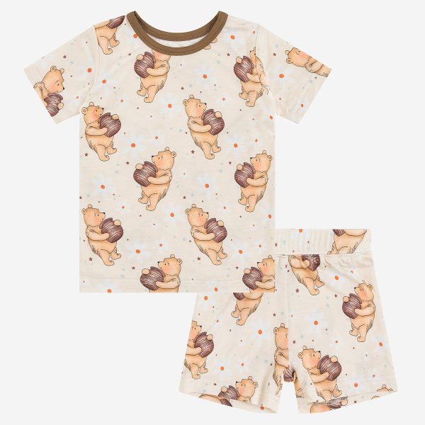 Cozy Beige Baby Bear Paw Print Bamboo Summer Pajama Shorts Set