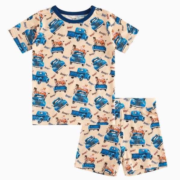 Animal Truck Blue Bamboo Shorts Kids Pajama Sets