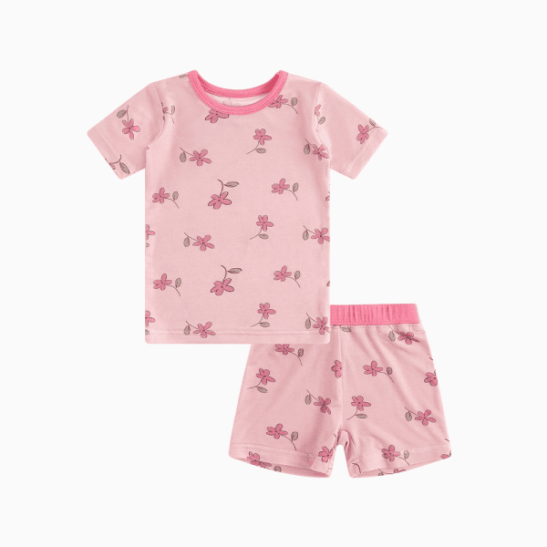 Pink Flower Bamboo Shorts Kids Pajama Sets