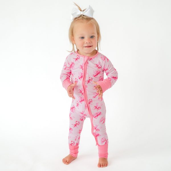 Pink Polka Dots Bow Bamboo Zipper Romper Pajamas