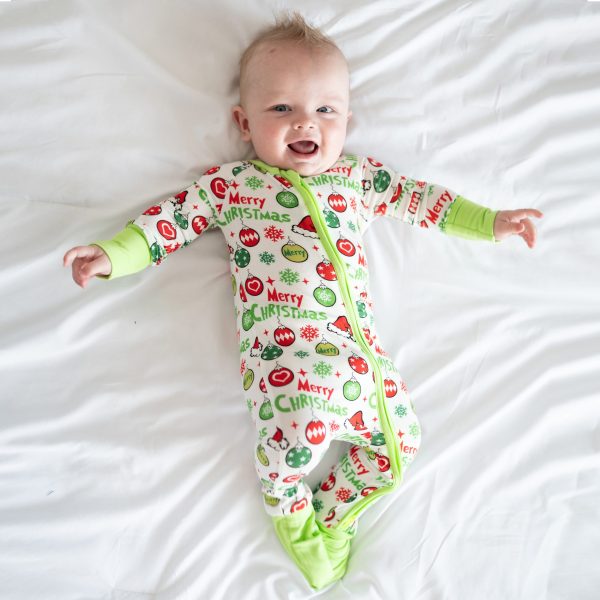 Merry Christmas Snowflake Baby Bamboo Zipper Romper Pajamas