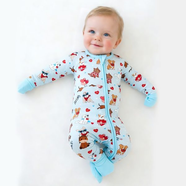 Valentine Heart Puppy Cuddle Crew Blue Bamboo Zipper Romper Pajamas